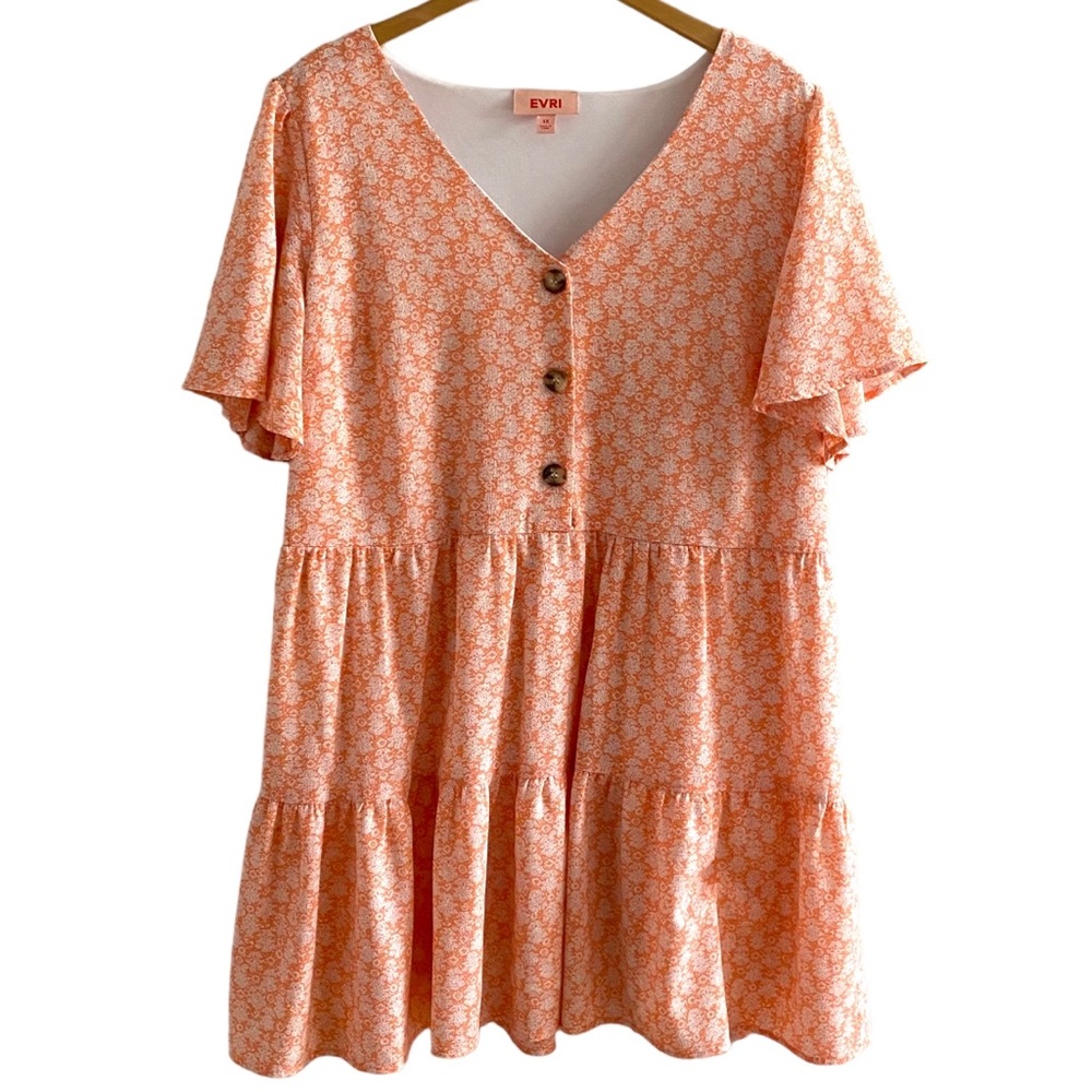 EVRI Peach Floral Peplum Short Sleeves V Neck Lined Dress